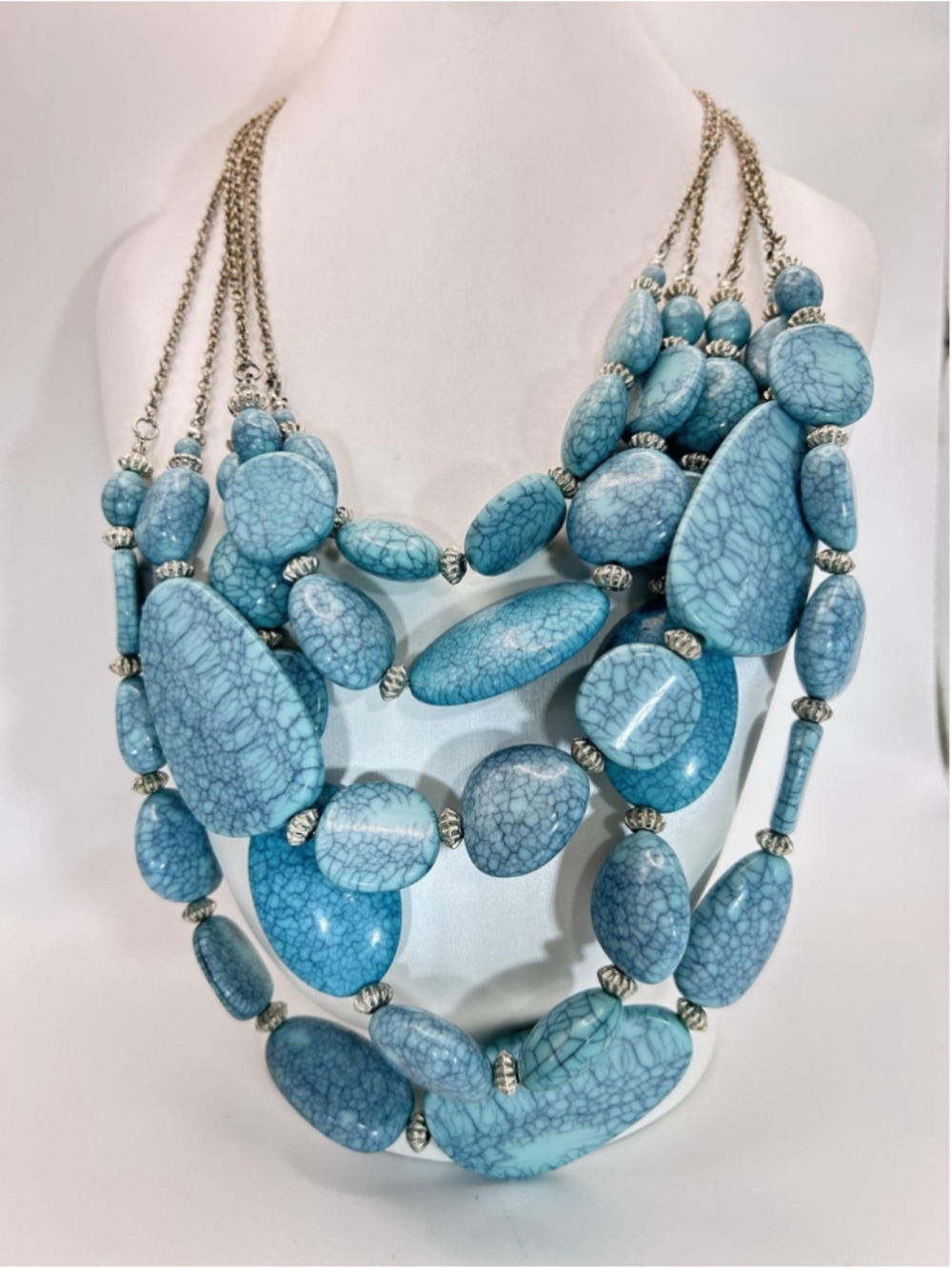 Necklace‎ Blue Turquoise Stone Chunky Beaded Layered Bib Statement Boho Chain - Picture 3 of 11
